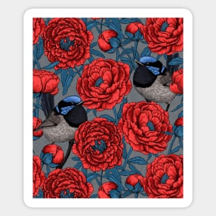 Red Peonies and wrens Sticker